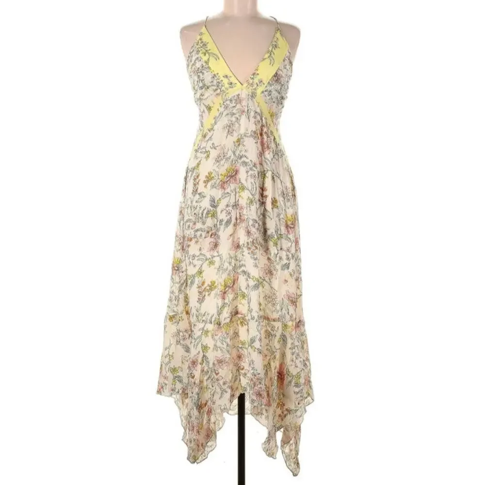 Free People Floral Handkerchief Midi Dress in Cream and Yellow